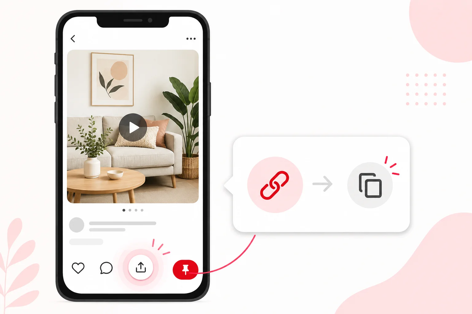 Ana sayfa 2 Pinterest pin üzerinde paylaş simgesine dokunarak video bağlantısını kopyalama adımı