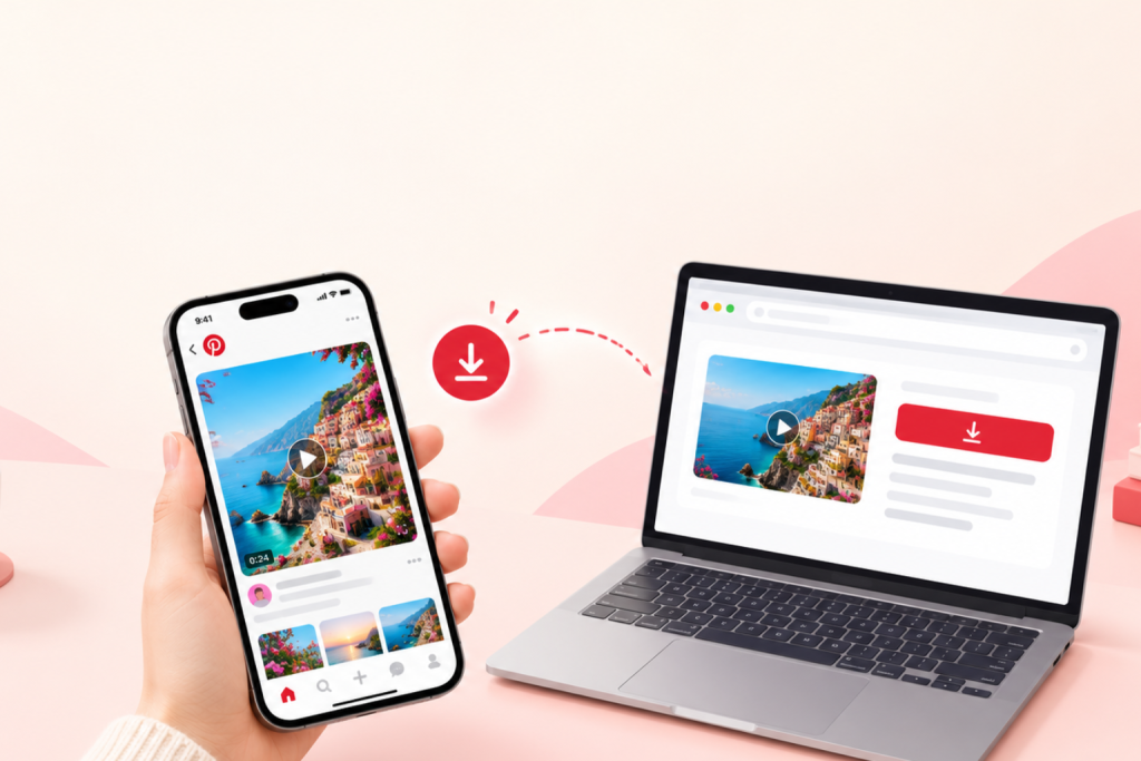 Pinterest'ten video indirme adımlarını gösteren telefon ve bilgisayar illüstrasyonu